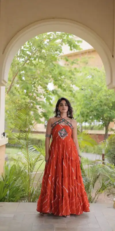 KA 1270 Orange in Colour Faux Georgette Bandhani Print Work Gown. Available at ₹2019 only. Delivery 4-6 Working Days. Shop now. | Bollywood Gowns, Creative Gowns, Designer Gowns, Embroidered Gowns, Gowns, Party Wear Gowns