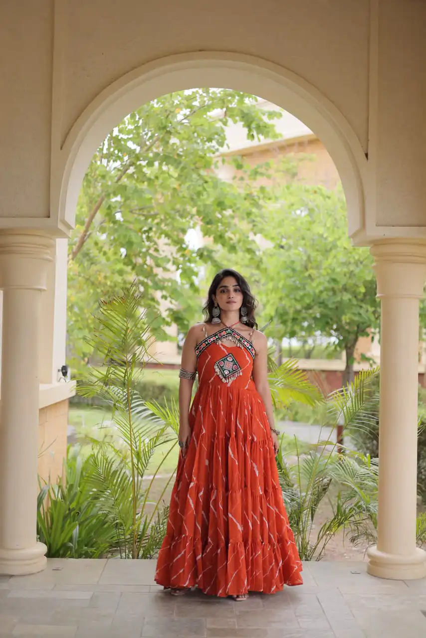 KA 1270 Orange in Colour Faux Georgette Bandhani Print Work Gown. Available at ₹2019 only. Delivery 4-6 Working Days. Shop now. | Bollywood Gowns, Creative Gowns, Designer Gowns, Embroidered Gowns, Gowns, Party Wear Gowns