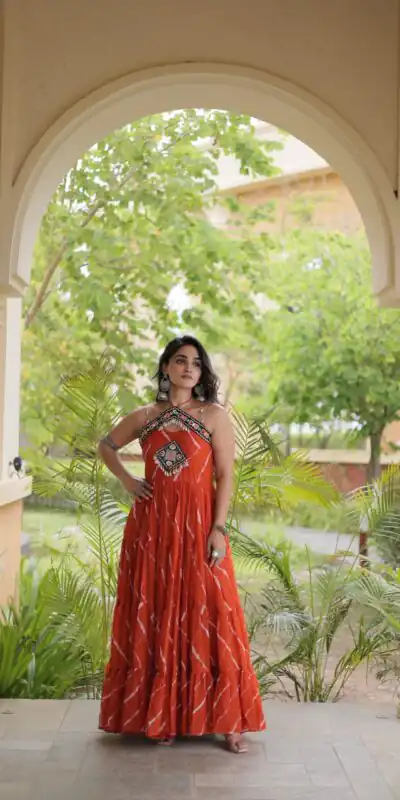 KA 1270 Orange in Colour Faux Georgette Bandhani Print Work Gown. Available at ₹2019 only. Delivery 4-6 Working Days. Shop now. | Bollywood Gowns, Creative Gowns, Designer Gowns, Embroidered Gowns, Gowns, Party Wear Gowns