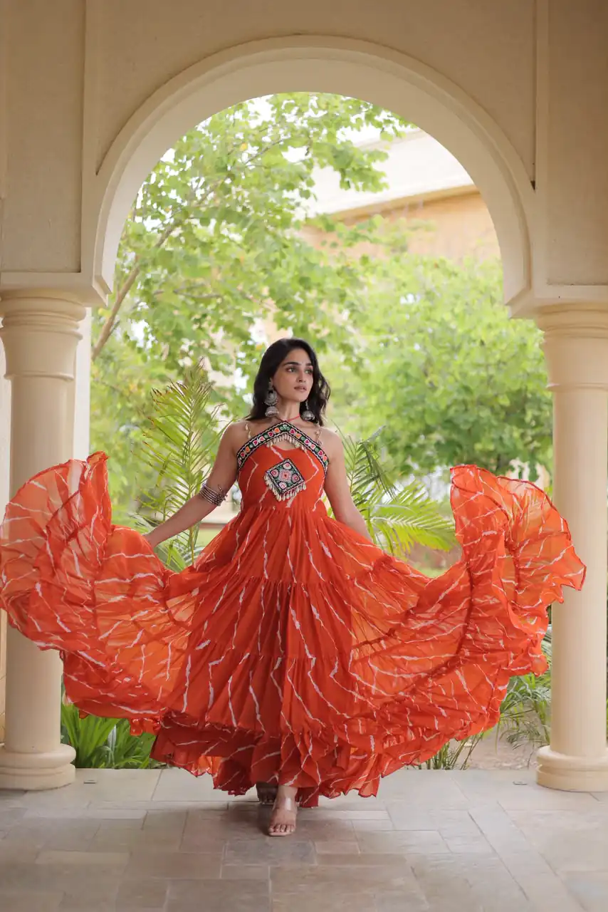 KA 1270 Orange in Colour Faux Georgette Bandhani Print Work Gown. Available at ₹2019 only. Delivery 4-6 Working Days. Shop now. | Bollywood Gowns, Creative Gowns, Designer Gowns, Embroidered Gowns, Gowns, Party Wear Gowns