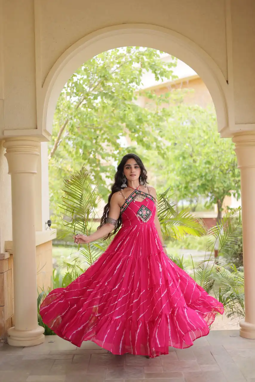 KA 1270 Pink in Colour Faux Georgette Bandhani Print Work Gown. Available at ₹2019 only. Delivery 4-6 Working Days. Shop now. | Bollywood Gowns, Creative Gowns, Designer Gowns, Embroidered Gowns, Gowns, Party Wear Gowns