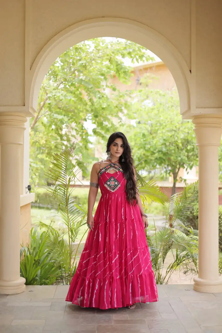 KA 1270 Pink in Colour Faux Georgette Bandhani Print Work Gown. Available at ₹2019 only. Delivery 4-6 Working Days. Shop now. | Bollywood Gowns, Creative Gowns, Designer Gowns, Embroidered Gowns, Gowns, Party Wear Gowns