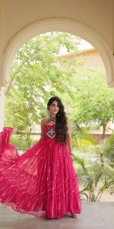 KA 1270 Pink in Colour Faux Georgette Bandhani Print Work Gown. Available at ₹2019 only. Delivery 4-6 Working Days. Shop now. | Bollywood Gowns, Creative Gowns, Designer Gowns, Embroidered Gowns, Gowns, Party Wear Gowns
