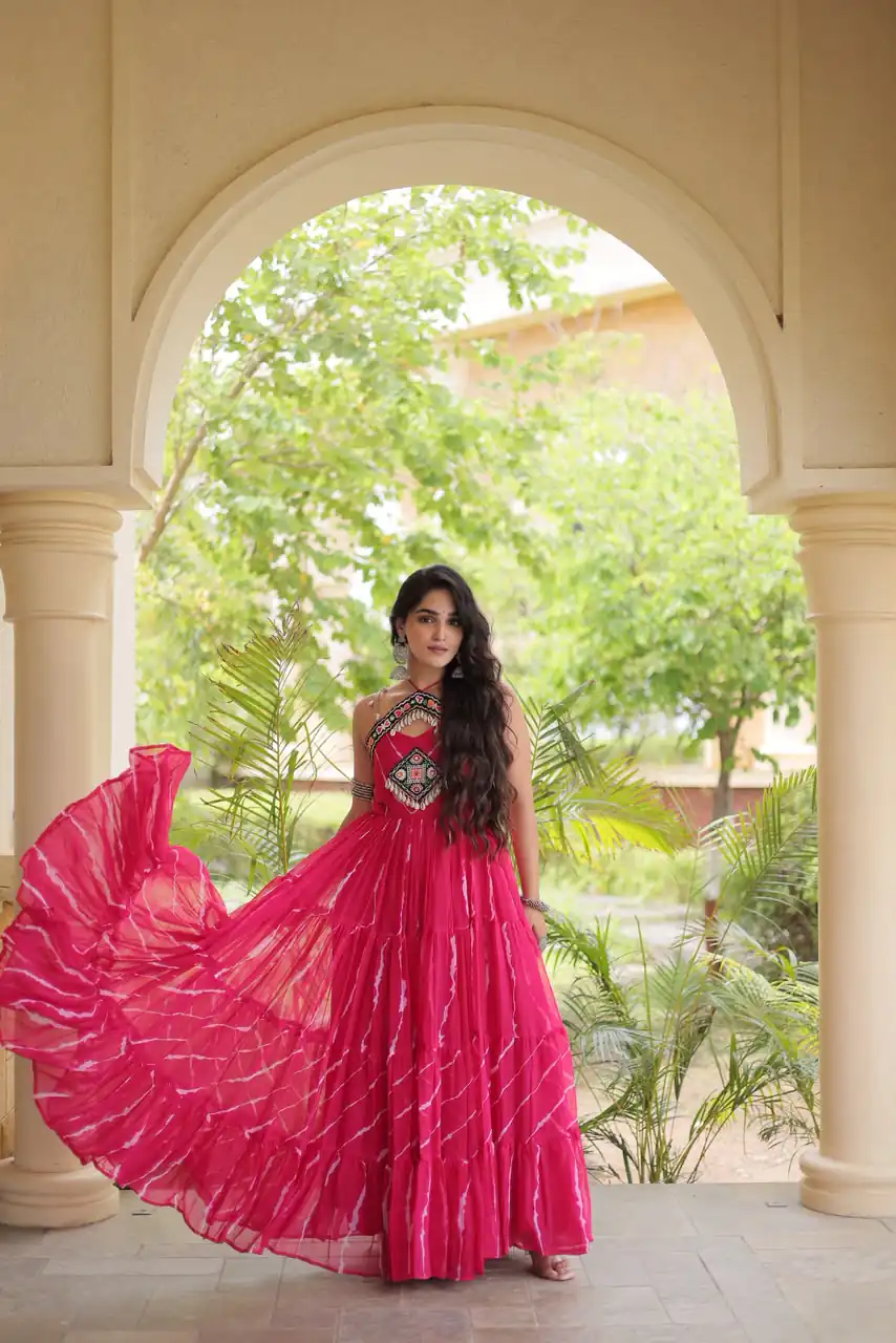 KA 1270 Pink in Colour Faux Georgette Bandhani Print Work Gown. Available at ₹2019 only. Delivery 4-6 Working Days. Shop now. | Bollywood Gowns, Creative Gowns, Designer Gowns, Embroidered Gowns, Gowns, Party Wear Gowns