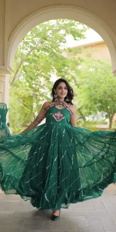 KA 1270 Teal in Colour Faux Georgette Bandhani Print Work Gown. Available at ₹2019 only. Delivery 4-6 Working Days. Shop now. | Bollywood Gowns, Creative Gowns, Designer Gowns, Embroidered Gowns, Gowns, Party Wear Gowns