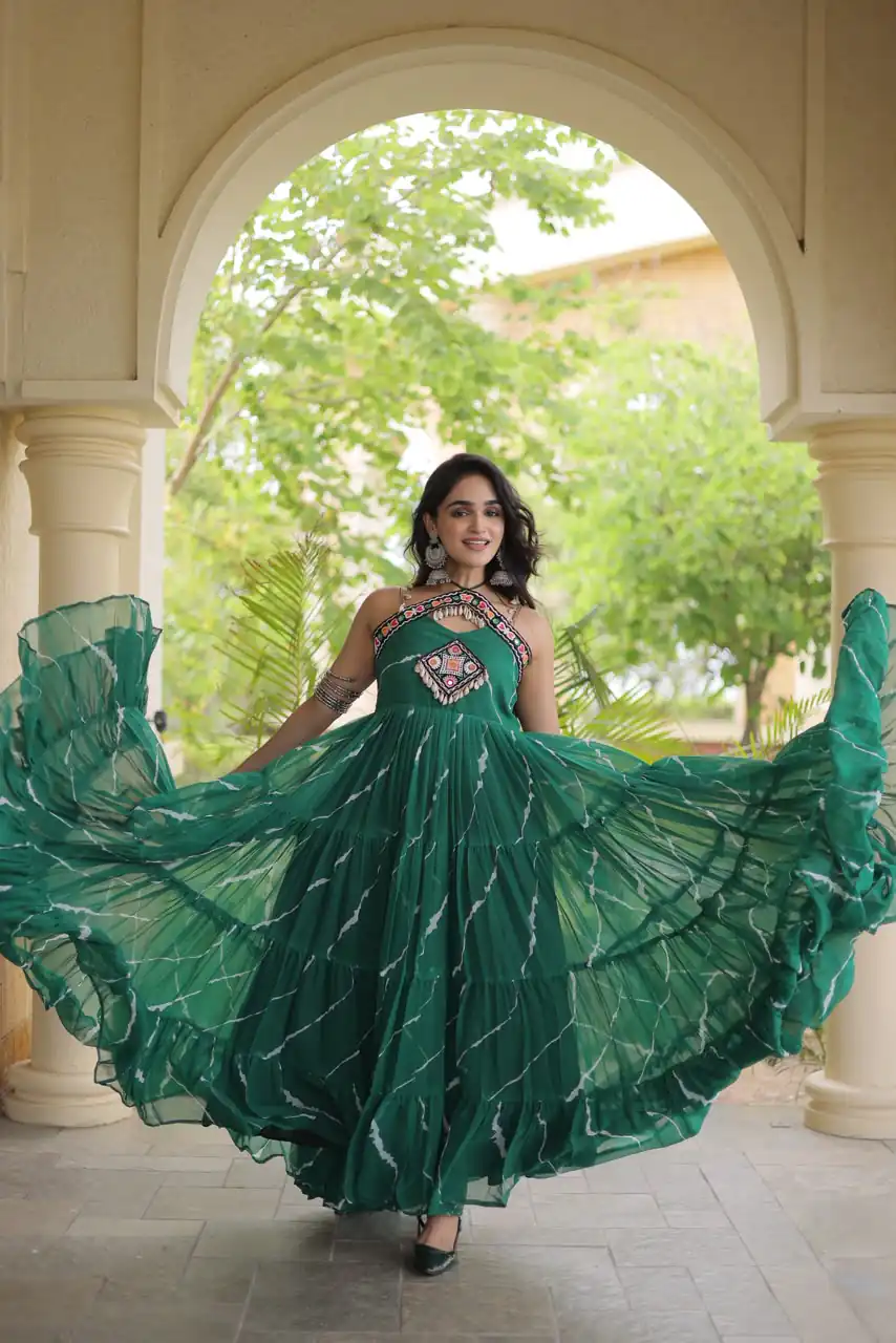 KA 1270 Teal in Colour Faux Georgette Bandhani Print Work Gown. Available at ₹2019 only. Delivery 4-6 Working Days. Shop now. | Bollywood Gowns, Creative Gowns, Designer Gowns, Embroidered Gowns, Gowns, Party Wear Gowns