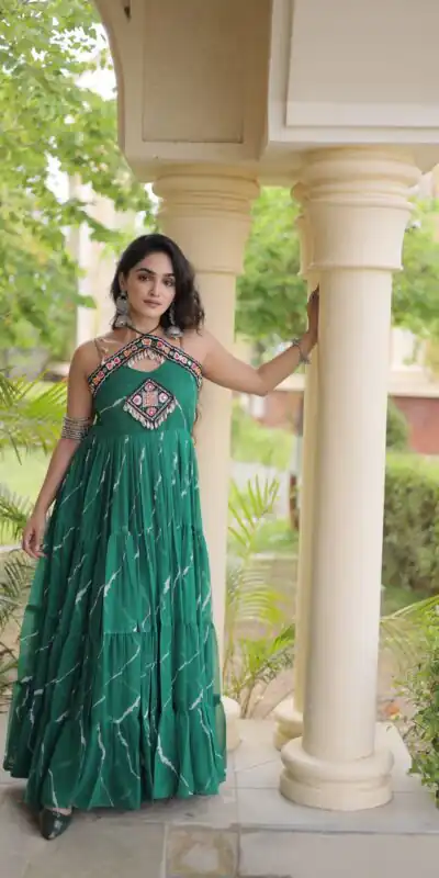 KA 1270 Teal in Colour Faux Georgette Bandhani Print Work Gown. Available at ₹2019 only. Delivery 4-6 Working Days. Shop now. | Bollywood Gowns, Creative Gowns, Designer Gowns, Embroidered Gowns, Gowns, Party Wear Gowns