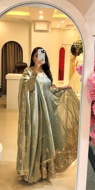 SSR 550 Grey in Crunchy Silk Embroidery Work & Lace Work Gown . Special Price ₹2799. Delivery 4-6 Working Days. Shop now. | Bollywood Gowns, Creative Gowns, Designer Gowns, Embroidered Gowns, Gowns, Party Wear Gowns