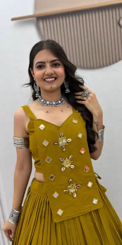 PC 581 Mustered Color Pure Cotton Lehenga Choli with Cowrie Work. Festive Deal ₹2999. Delivery 4-6 Working Days. Online Shop now. | Bollywood Lehenga, Creative Lehenga, Designer Lehenga, Embroidered Lehenga, Lehenga, Party Wear Lehenga