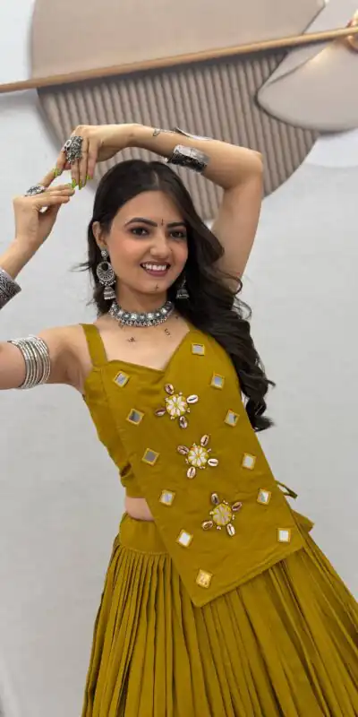 PC 581 Mustered Color Pure Cotton Lehenga Choli with Cowrie Work. Festive Deal ₹2999. Delivery 4-6 Working Days. Online Shop now. | Bollywood Lehenga, Creative Lehenga, Designer Lehenga, Embroidered Lehenga, Lehenga, Party Wear Lehenga