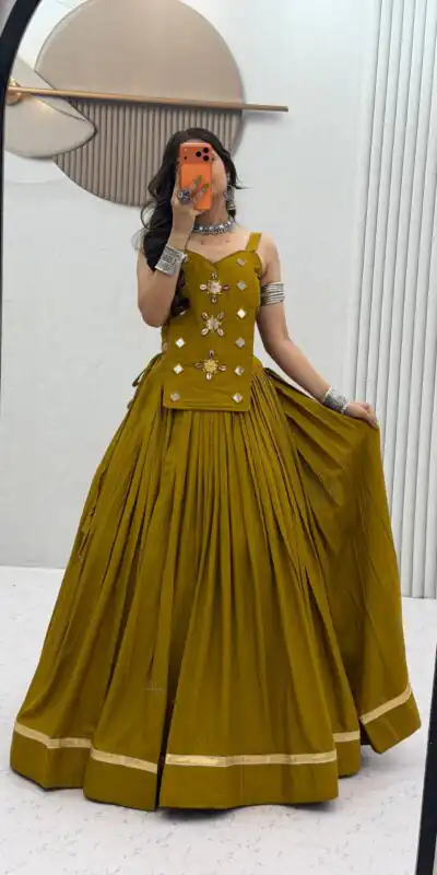 PC 581 Mustered Color Pure Cotton Lehenga Choli with Cowrie Work. Festive Deal ₹2999. Delivery 4-6 Working Days. Online Shop now. | Bollywood Lehenga, Creative Lehenga, Designer Lehenga, Embroidered Lehenga, Lehenga, Party Wear Lehenga