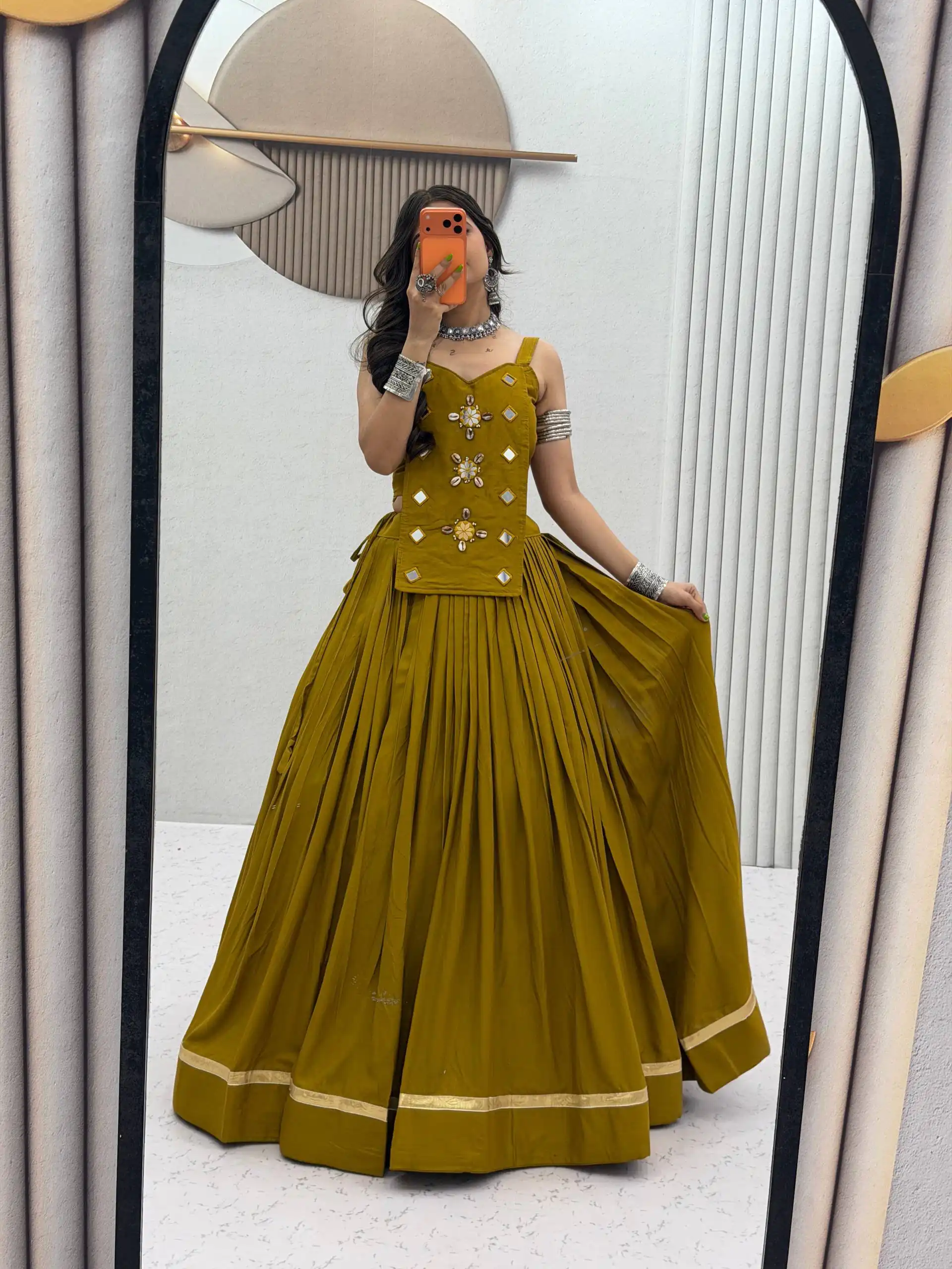 PC 581 Mustered Color Pure Cotton Lehenga Choli with Cowrie Work. Festive Deal ₹2999. Delivery 4-6 Working Days. Online Shop now. | Bollywood Lehenga, Creative Lehenga, Designer Lehenga, Embroidered Lehenga, Lehenga, Party Wear Lehenga