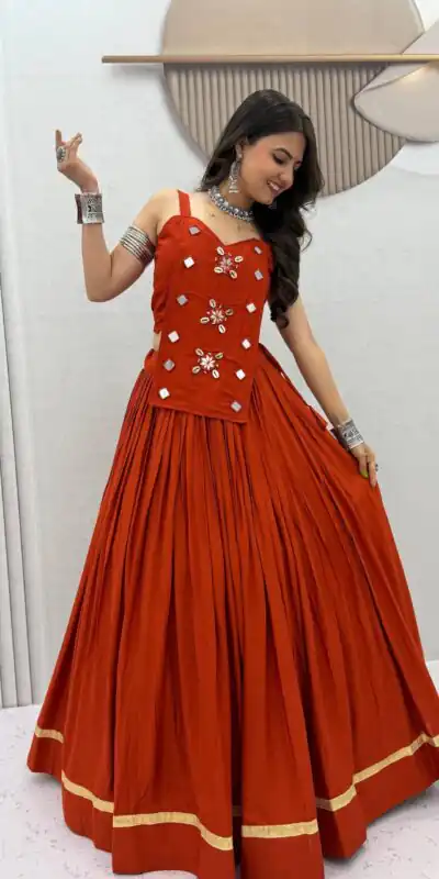 PC 581 Rust Color Pure Cotton Lehenga Choli with Cowrie Work. Festive Deal ₹2999. Delivery 4-6 Working Days. Online Shop now. | Bollywood Lehenga, Creative Lehenga, Designer Lehenga, Embroidered Lehenga, Lehenga, Party Wear Lehenga