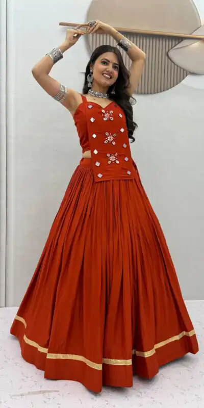 PC 581 Rust Color Pure Cotton Lehenga Choli with Cowrie Work. Festive Deal ₹2999. Delivery 4-6 Working Days. Online Shop now. | Bollywood Lehenga, Creative Lehenga, Designer Lehenga, Embroidered Lehenga, Lehenga, Party Wear Lehenga