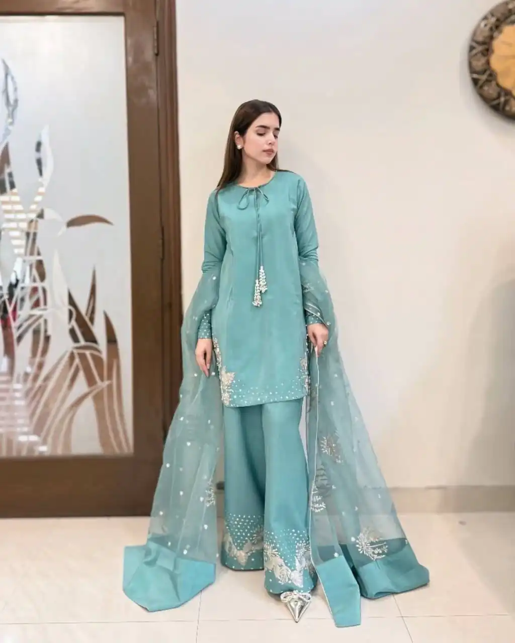 Stylish Sky Blue Natural Crepe Sequence Work Salwar Suit
