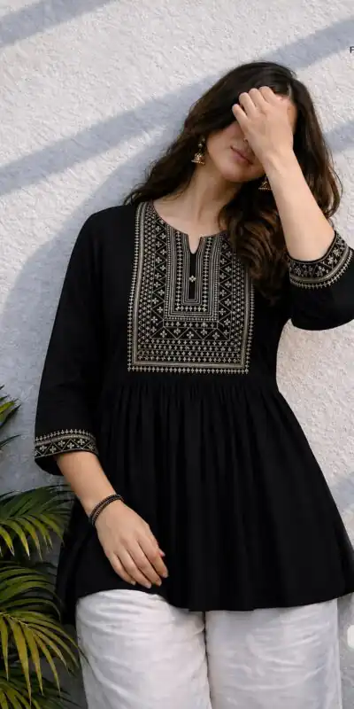 Adaa 2.0 Black Colour Rayon Cotton Kurti with Embroidery Work. Introductory Price ₹1549. Delivery 4-6 Working Days. Shop now. | Bollywood Kurti, Creative Kurtis, Designer Kurti, Kurti, Party Wear Kurti, Selfie Kurti