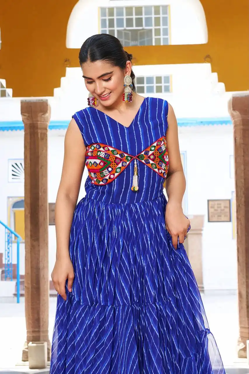 Ram 112 Blue in Colour Faux Georgette Bandhani Print Work Gown. Available at ₹1949 only. Delivery 4-6 Working Days. Shop now. | Bollywood Gowns, Creative Gowns, Designer Gowns, Embroidered Gowns, Gowns, Party Wear Gowns