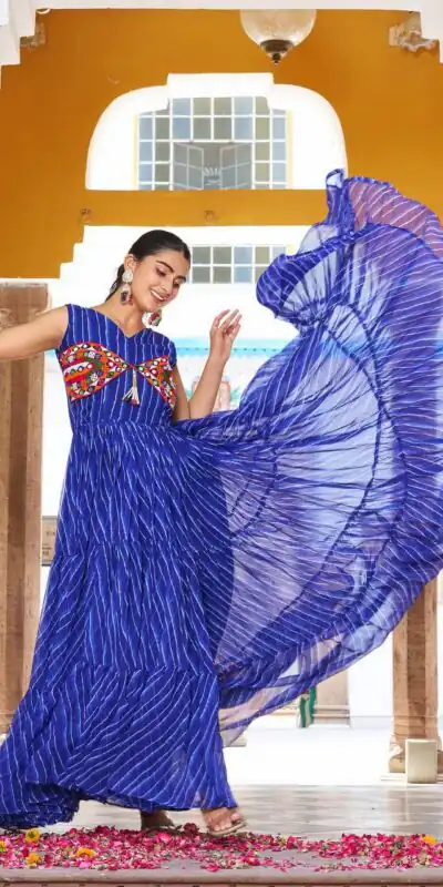Ram 112 Blue in Colour Faux Georgette Bandhani Print Work Gown. Available at ₹1949 only. Delivery 4-6 Working Days. Shop now. | Bollywood Gowns, Creative Gowns, Designer Gowns, Embroidered Gowns, Gowns, Party Wear Gowns