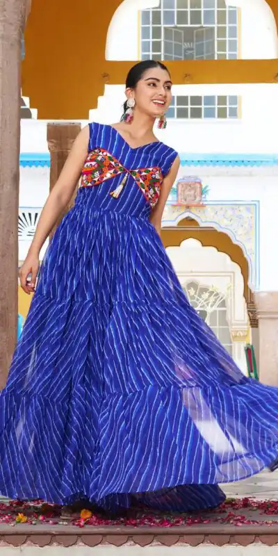 Ram 112 Blue in Colour Faux Georgette Bandhani Print Work Gown. Available at ₹1949 only. Delivery 4-6 Working Days. Shop now. | Bollywood Gowns, Creative Gowns, Designer Gowns, Embroidered Gowns, Gowns, Party Wear Gowns