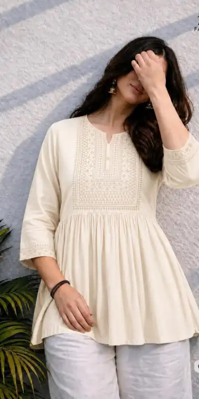 Adaa 2.0 Cream Colour Rayon Cotton Kurti with Embroidery Work. Introductory Price ₹1549. Delivery 4-6 Working Days. Shop now. | Bollywood Kurti, Creative Kurtis, Designer Kurti, Kurti, Party Wear Kurti, Selfie Kurti