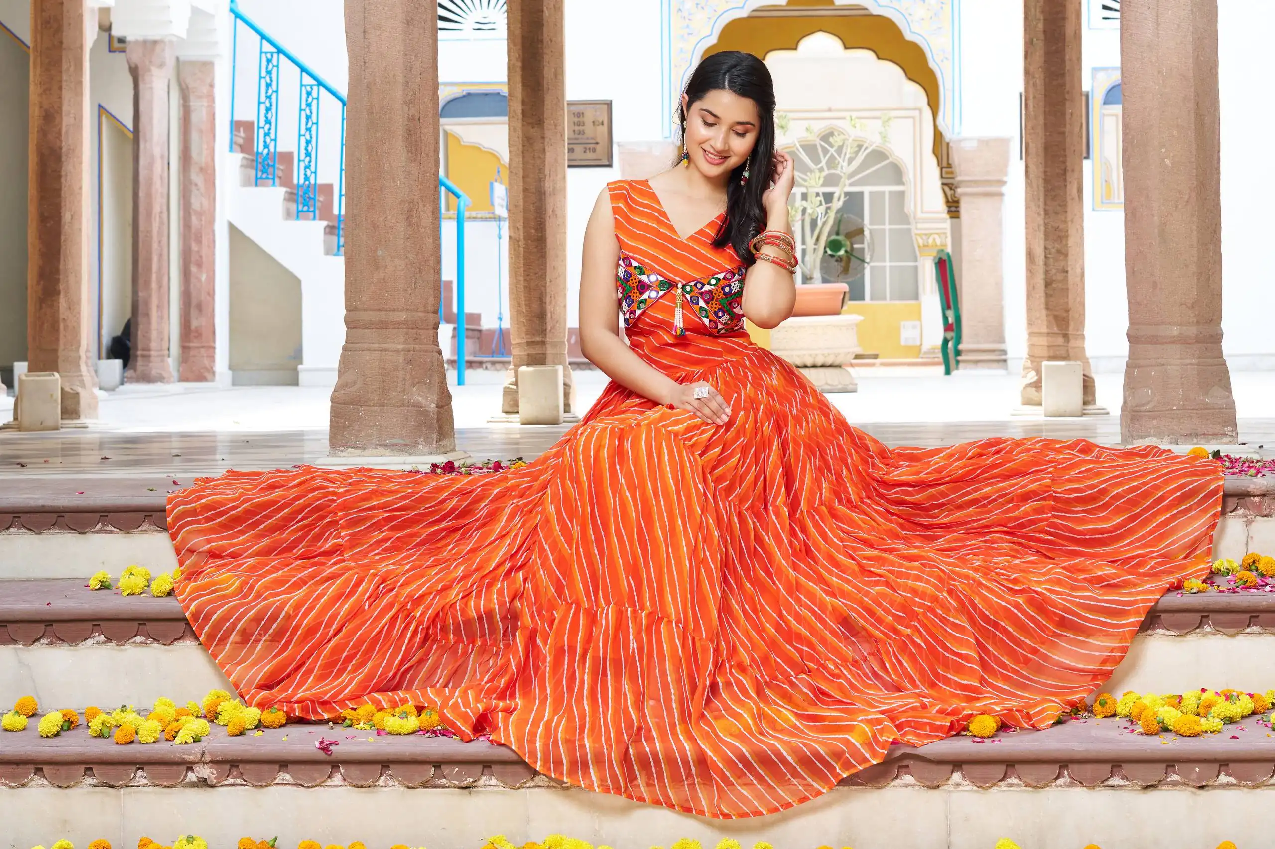 Ram 112 Orange in Colour Faux Georgette Bandhani Print Work Gown. Available at ₹1949 only. Delivery 4-6 Working Days. Shop now. | Bollywood Gowns, Creative Gowns, Designer Gowns, Embroidered Gowns, Gowns, Party Wear Gowns