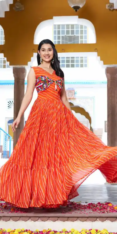 Ram 112 Orange in Colour Faux Georgette Bandhani Print Work Gown. Available at ₹1949 only. Delivery 4-6 Working Days. Shop now. | Bollywood Gowns, Creative Gowns, Designer Gowns, Embroidered Gowns, Gowns, Party Wear Gowns