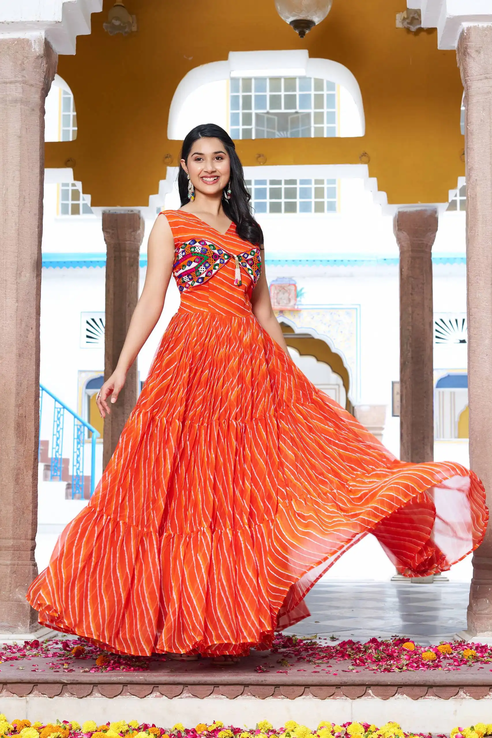 Ram 112 Orange in Colour Faux Georgette Bandhani Print Work Gown. Available at ₹1949 only. Delivery 4-6 Working Days. Shop now. | Bollywood Gowns, Creative Gowns, Designer Gowns, Embroidered Gowns, Gowns, Party Wear Gowns