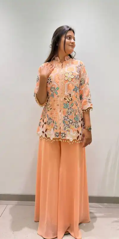 BE 492 Peach in Fox Georgette. Sequins Work & Embroidery Work Salwar Suit Special Price ₹2299. Delivery 4-6 Working Days. Shop now. | Jump Suits, Straight Suits, Casual Suits, Creative suits, Designer Suits, Palazzo Suits, Party Wear Suits, Patiala Suits, Salwar suit