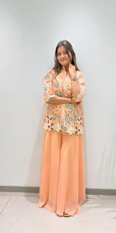 BE 492 Peach in Fox Georgette. Sequins Work & Embroidery Work Salwar Suit Special Price ₹2299. Delivery 4-6 Working Days. Shop now. | Jump Suits, Straight Suits, Casual Suits, Creative suits, Designer Suits, Palazzo Suits, Party Wear Suits, Patiala Suits, Salwar suit