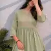 Adaa 2.0 Pista Colour Rayon Cotton Kurti with Embroidery Work. Introductory Price ₹1549. Delivery 4-6 Working Days. Shop now. | Bollywood Kurti, Creative Kurtis, Designer Kurti, Kurti, Party Wear Kurti, Selfie Kurti
