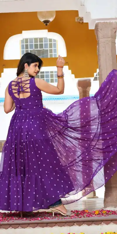 Ram 112 Purple in Colour Faux Georgette Bandhani Print Work Gown. Available at ₹1949 only. Delivery 4-6 Working Days. Shop now. | Bollywood Gowns, Creative Gowns, Designer Gowns, Embroidered Gowns, Gowns, Party Wear Gowns