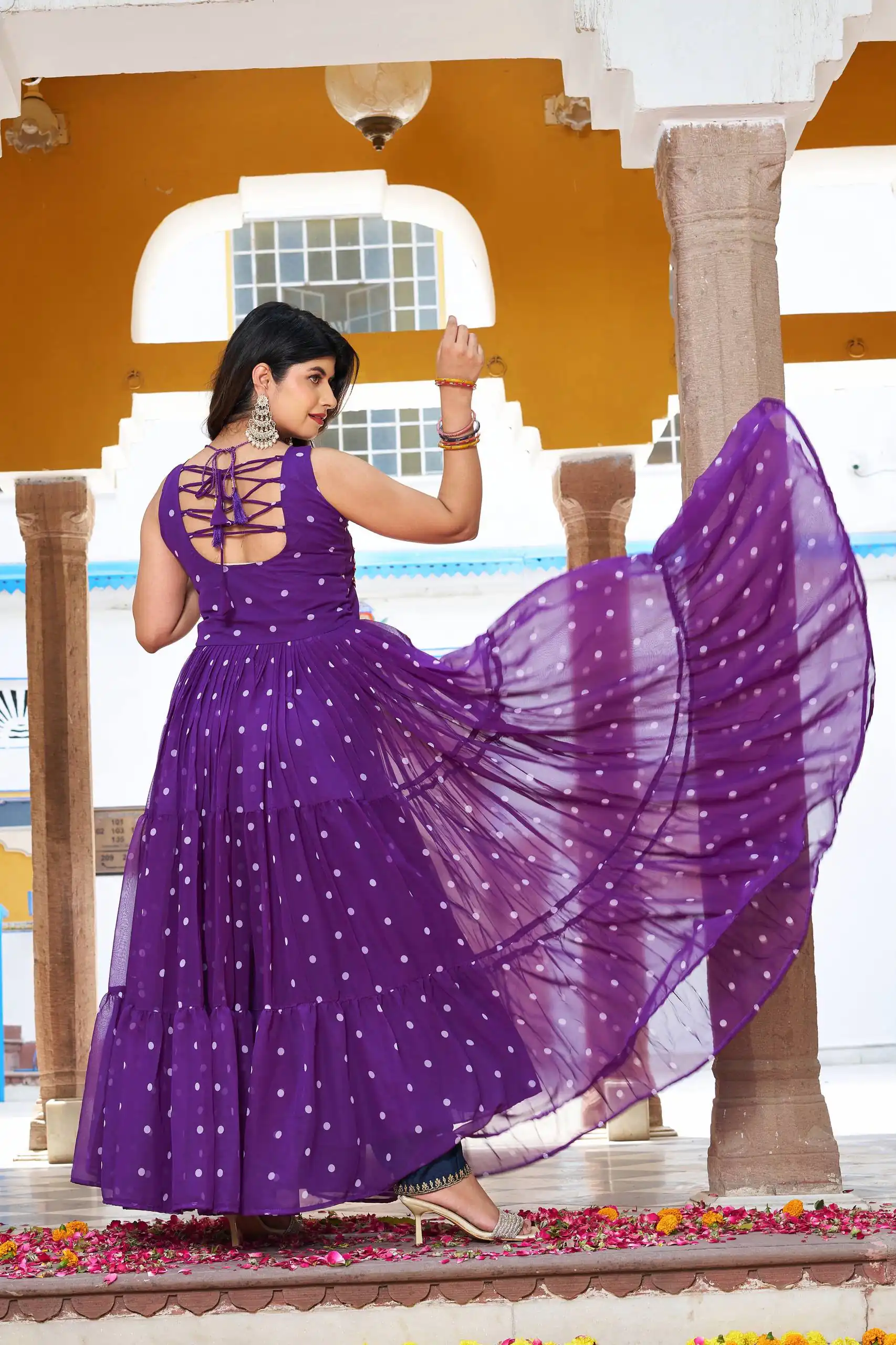 Ram 112 Purple in Colour Faux Georgette Bandhani Print Work Gown. Available at ₹1949 only. Delivery 4-6 Working Days. Shop now. | Bollywood Gowns, Creative Gowns, Designer Gowns, Embroidered Gowns, Gowns, Party Wear Gowns