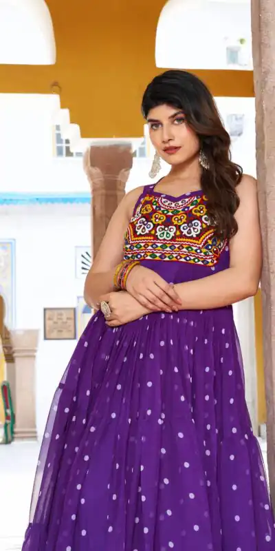 Ram 112 Purple in Colour Faux Georgette Bandhani Print Work Gown. Available at ₹1949 only. Delivery 4-6 Working Days. Shop now. | Bollywood Gowns, Creative Gowns, Designer Gowns, Embroidered Gowns, Gowns, Party Wear Gowns