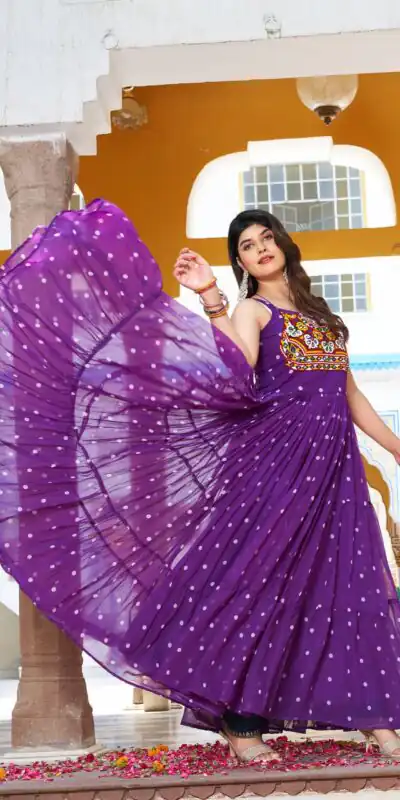 Ram 112 Purple in Colour Faux Georgette Bandhani Print Work Gown. Available at ₹1949 only. Delivery 4-6 Working Days. Shop now. | Bollywood Gowns, Creative Gowns, Designer Gowns, Embroidered Gowns, Gowns, Party Wear Gowns