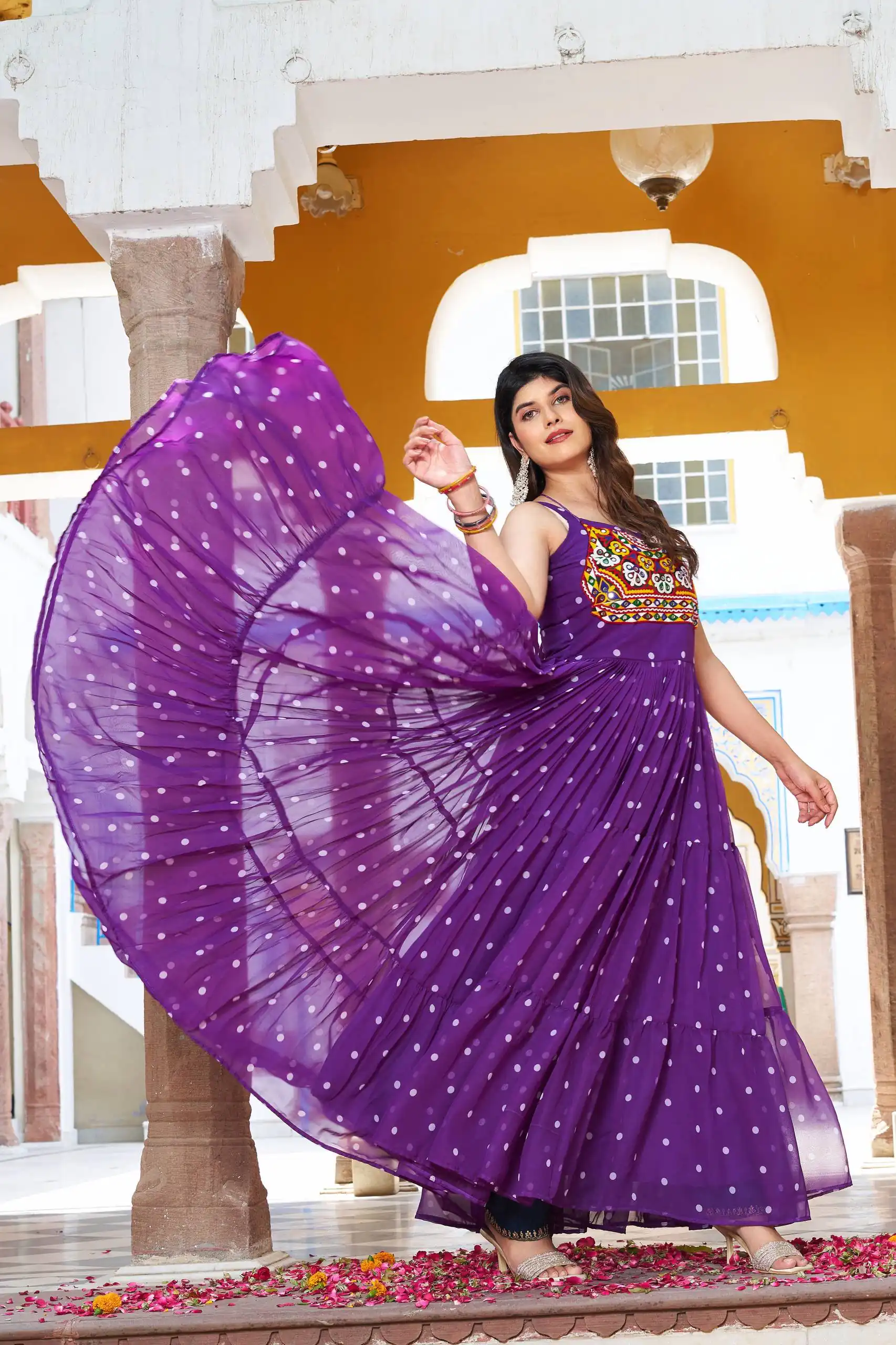 Ram 112 Purple in Colour Faux Georgette Bandhani Print Work Gown. Available at ₹1949 only. Delivery 4-6 Working Days. Shop now. | Bollywood Gowns, Creative Gowns, Designer Gowns, Embroidered Gowns, Gowns, Party Wear Gowns