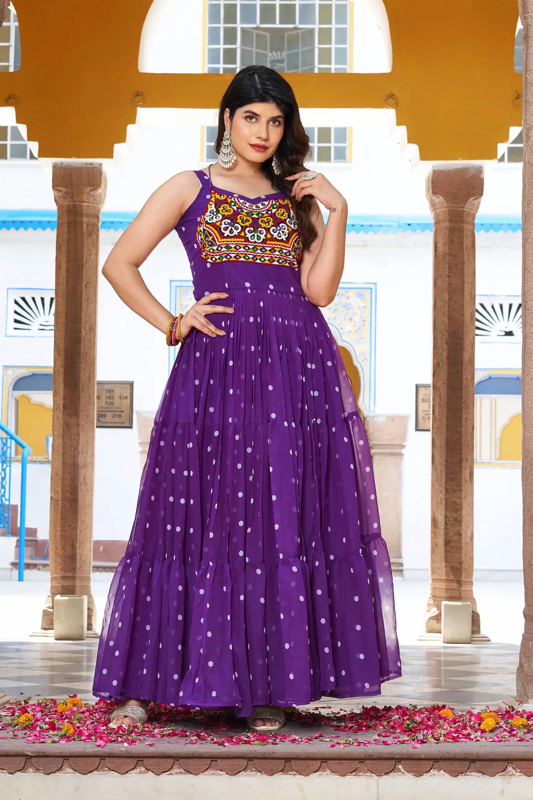 Ram 112 Purple in Colour Faux Georgette Bandhani Print Work Gown. Available at ₹1949 only. Delivery 4-6 Working Days. Shop now. | Bollywood Gowns, Creative Gowns, Designer Gowns, Embroidered Gowns, Gowns, Party Wear Gowns