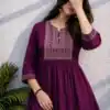 Adaa 2.0 Wine Colour Rayon Cotton Kurti with Embroidery Work. Introductory Price ₹1549. Delivery 4-6 Working Days. Shop now. | Bollywood Kurti, Creative Kurtis, Designer Kurti, Kurti, Party Wear Kurti, Selfie Kurti