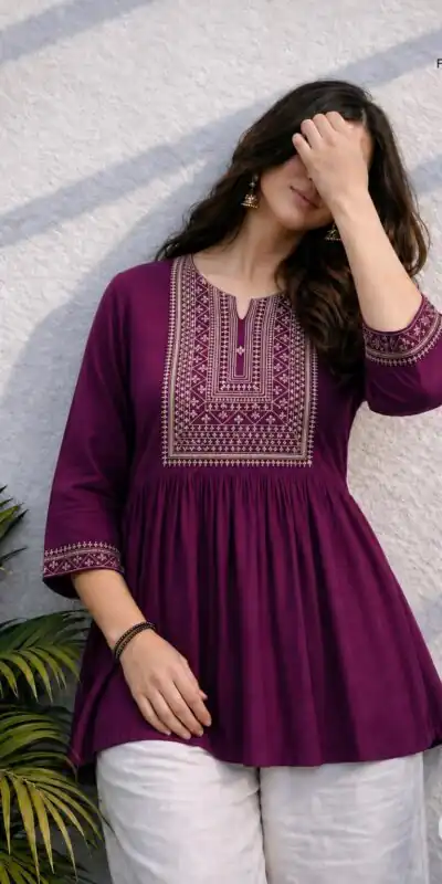 Adaa 2.0 Wine Colour Rayon Cotton Kurti with Embroidery Work. Introductory Price ₹1549. Delivery 4-6 Working Days. Shop now. | Bollywood Kurti, Creative Kurtis, Designer Kurti, Kurti, Party Wear Kurti, Selfie Kurti