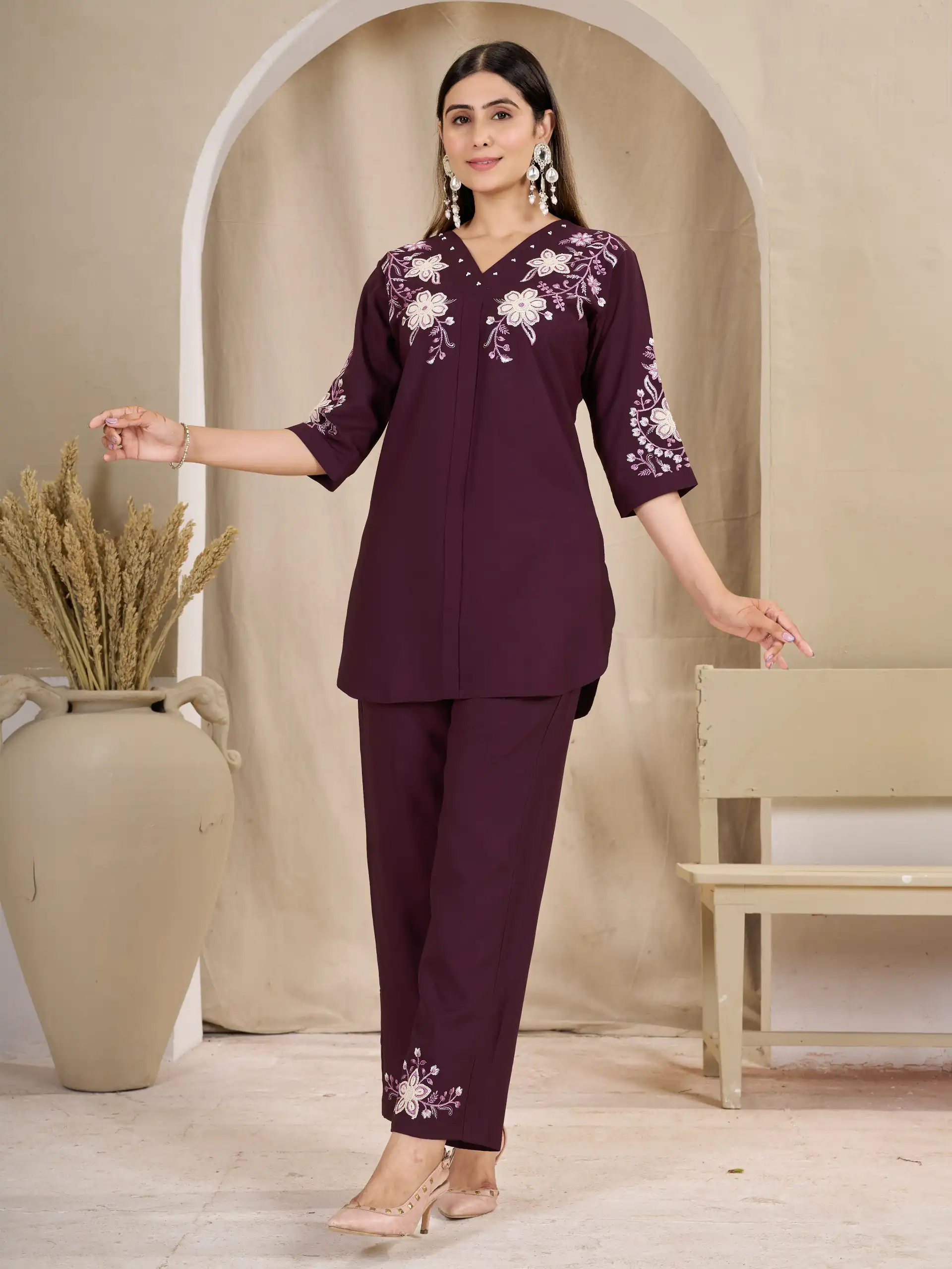 DIVA 169 Wine Colour Rayon Cotton Kurti with Embroidery Work. Introductory Price ₹1999. Delivery 4-6 Working Days. Shop now. | Bollywood Kurti, Creative Kurtis, Designer Kurti, Kurti, Party Wear Kurti, Selfie Kurti