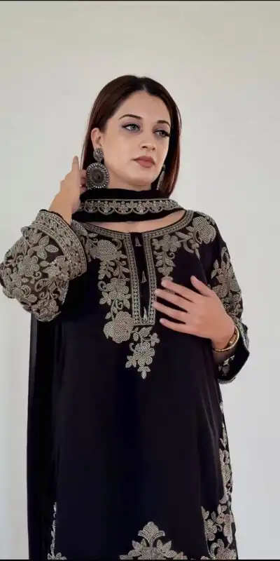 SR 1720 Black Faux Georgette Salwar Suit with Mirror Work & Embroidery Work. Get it for ₹2549. Delivery 4-6 Working Days. Shop now. | Jump Suits, Straight Suits, Casual Suits, Creative suits, Designer Suits, Palazzo Suits, Party Wear Suits, Patiala Suits, Salwar suit