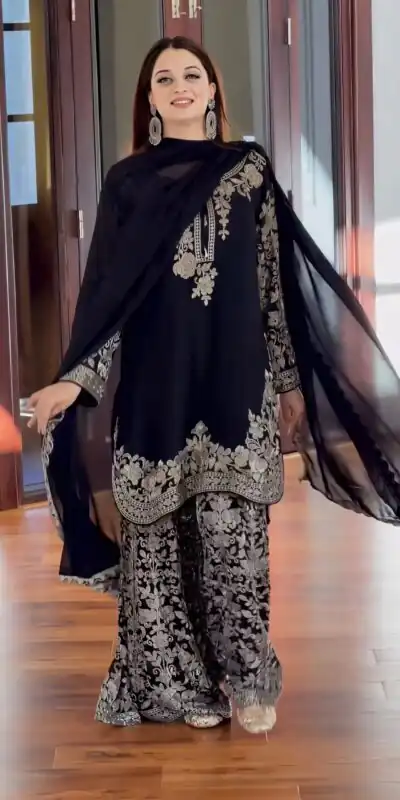 SR 1720 Black Faux Georgette Salwar Suit with Mirror Work & Embroidery Work. Get it for ₹2549. Delivery 4-6 Working Days. Shop now. | Jump Suits, Straight Suits, Casual Suits, Creative suits, Designer Suits, Palazzo Suits, Party Wear Suits, Patiala Suits, Salwar suit