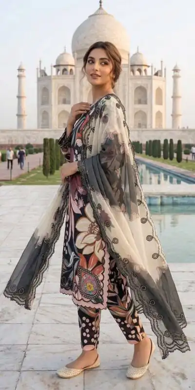 LG 2094 Black Perfect for Wedding, Party, Ganesh Chaturthi, Cultural Events, Durga Puja – Printed Muslin Salwar Suit. Now at just ₹2299. Delivery 4-6 Worki | Jump Suits, Straight Suits, Casual Suits, Creative suits, Designer Suits, Palazzo Suits, Party Wear Suits, Patiala Suits, Salwar suit