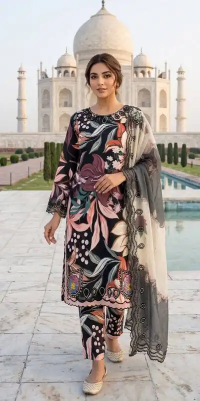 LG 2094 Black Perfect for Wedding, Party, Ganesh Chaturthi, Cultural Events, Durga Puja – Printed Muslin Salwar Suit. Now at just ₹2299. Delivery 4-6 Worki | Jump Suits, Straight Suits, Casual Suits, Creative suits, Designer Suits, Palazzo Suits, Party Wear Suits, Patiala Suits, Salwar suit