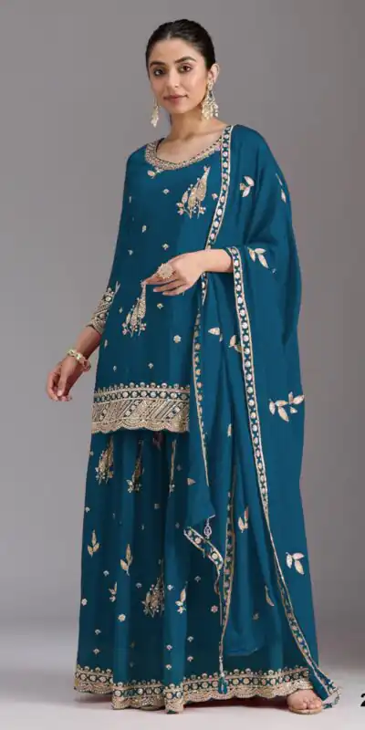 FC 2120 Blue Color chinon Print Silk with Dall Crepe Sharara Suit Wedding, Party, Festive, Events Etc.  Expected Delivery 4-6 Working Days @2399/- | Jump Suits, Straight Suits, Casual Suits, Creative suits, Designer Suits, Palazzo Suits, Party Wear Suits, Patiala Suits, Salwar suit