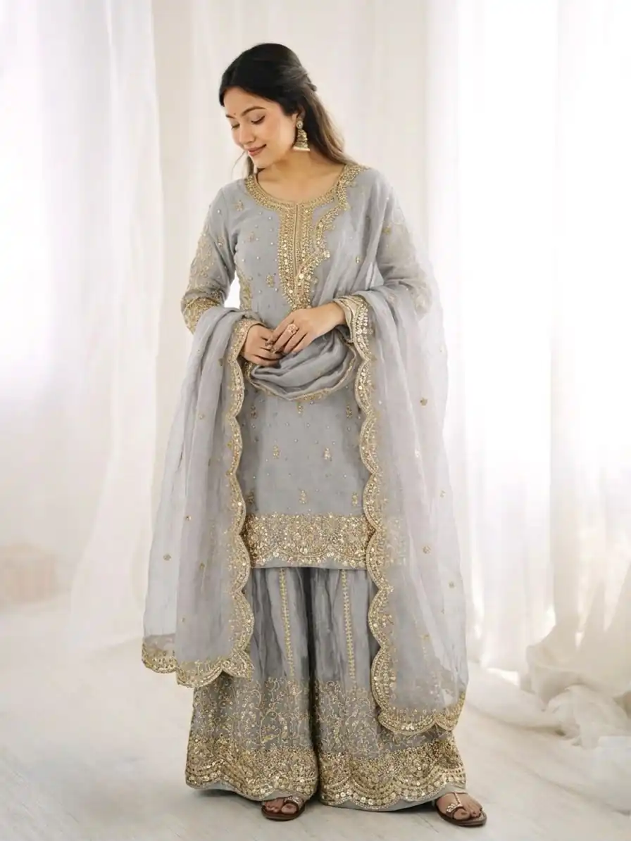 ZSR 3167 Grey Fendy Silk Salwar Suitwith Embroidery Work & Lace Work. Now at just ₹2149. Delivery 4-6 Working Days. Shop now. | Jump Suits, Straight Suits, Casual Suits, Creative suits, Designer Suits, Palazzo Suits, Party Wear Suits, Patiala Suits, Salwar suit