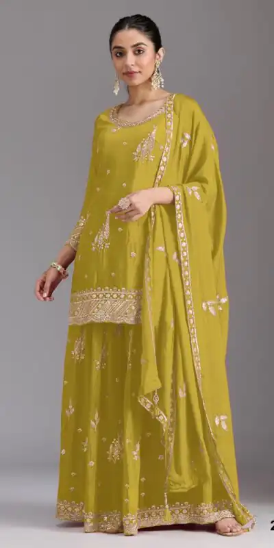 FC 2120 Mustered Color chinon Print Silk with Dall Crepe Sharara Suit Wedding, Party, Festive, Events Etc.  Expected Delivery 4-6 Working Days @2399/- | Jump Suits, Straight Suits, Casual Suits, Creative suits, Designer Suits, Palazzo Suits, Party Wear Suits, Patiala Suits, Salwar suit
