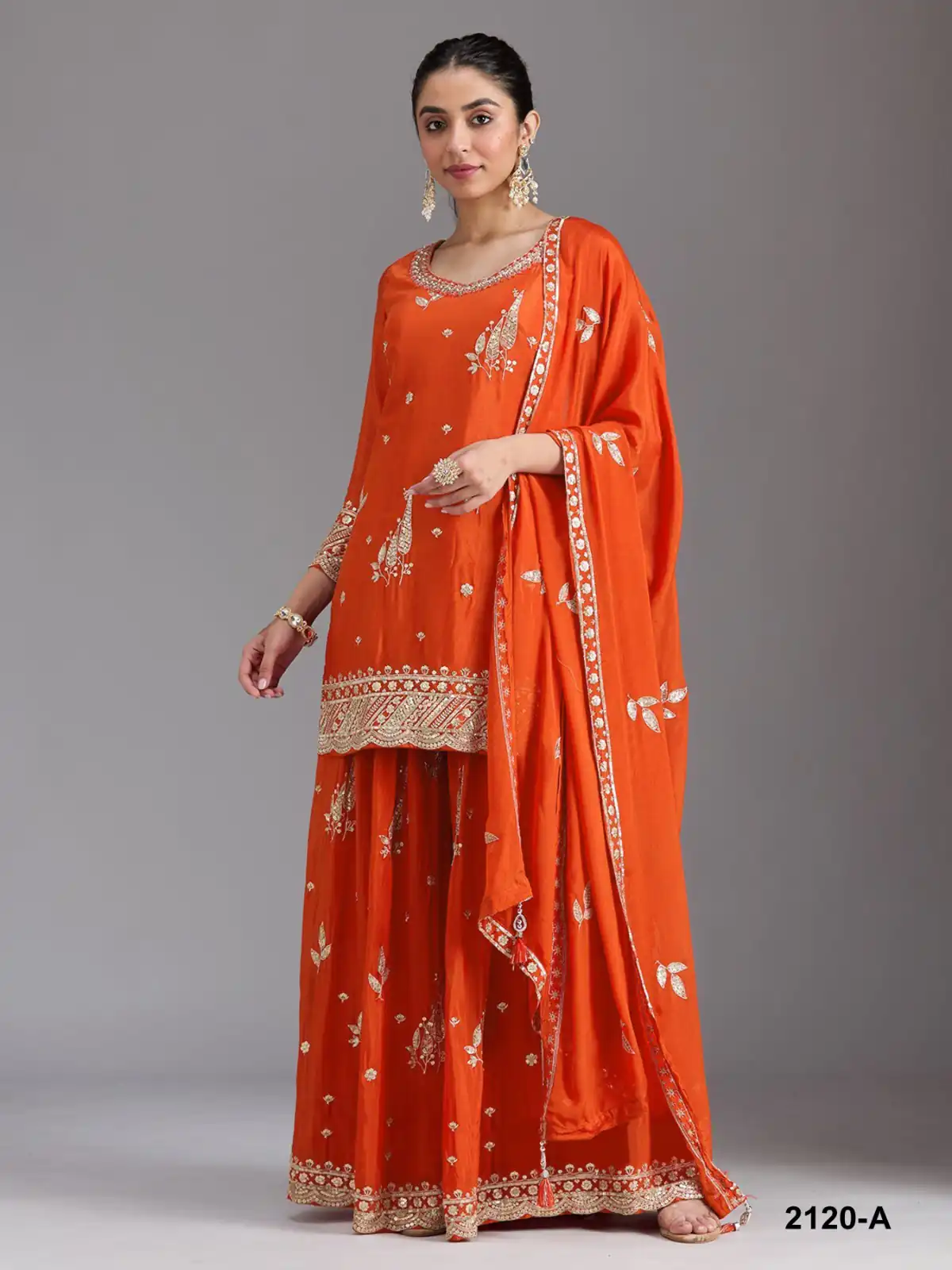 FC 2120 Orange Color chinon Print Silk with Dall Crepe Sharara Suit Wedding, Party, Festive, Events Etc. Expected Delivery 4-6 Working Days @2399/- | Jump Suits, Straight Suits, Casual Suits, Creative suits, Designer Suits, Palazzo Suits, Party Wear Suits, Patiala Suits, Salwar suit