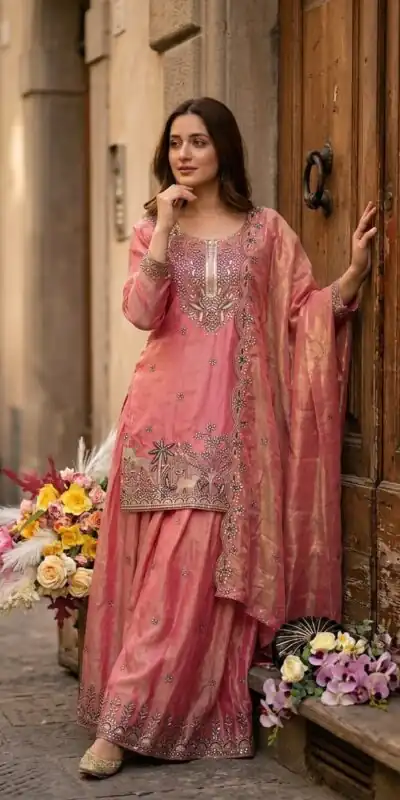 WW 1280 Peach Fendy Silk Salwar Suitwith Embroidery Work & Lace Work. Now at just ₹2449. Delivery 4-6 Working Days. Shop now. | Jump Suits, Straight Suits, Casual Suits, Creative suits, Designer Suits, Palazzo Suits, Party Wear Suits, Patiala Suits, Salwar suit