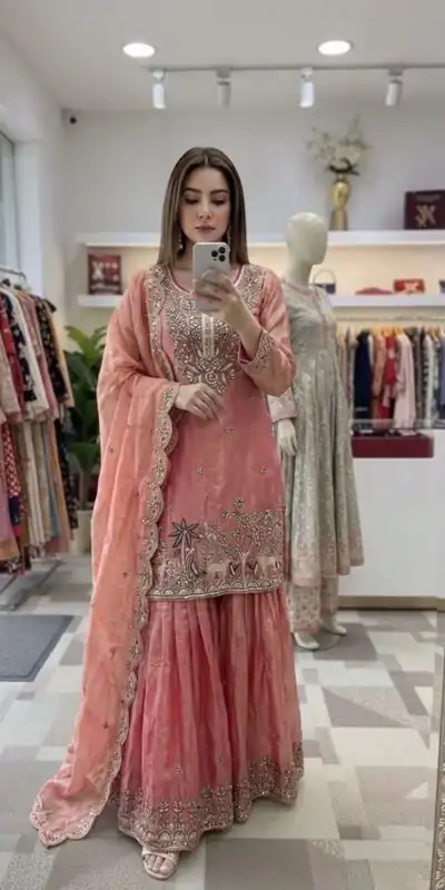 WW 1280 Peach Fendy Silk Salwar Suitwith Embroidery Work & Lace Work. Now at just ₹2449. Delivery 4-6 Working Days. Shop now. | Jump Suits, Straight Suits, Casual Suits, Creative suits, Designer Suits, Palazzo Suits, Party Wear Suits, Patiala Suits, Salwar suit