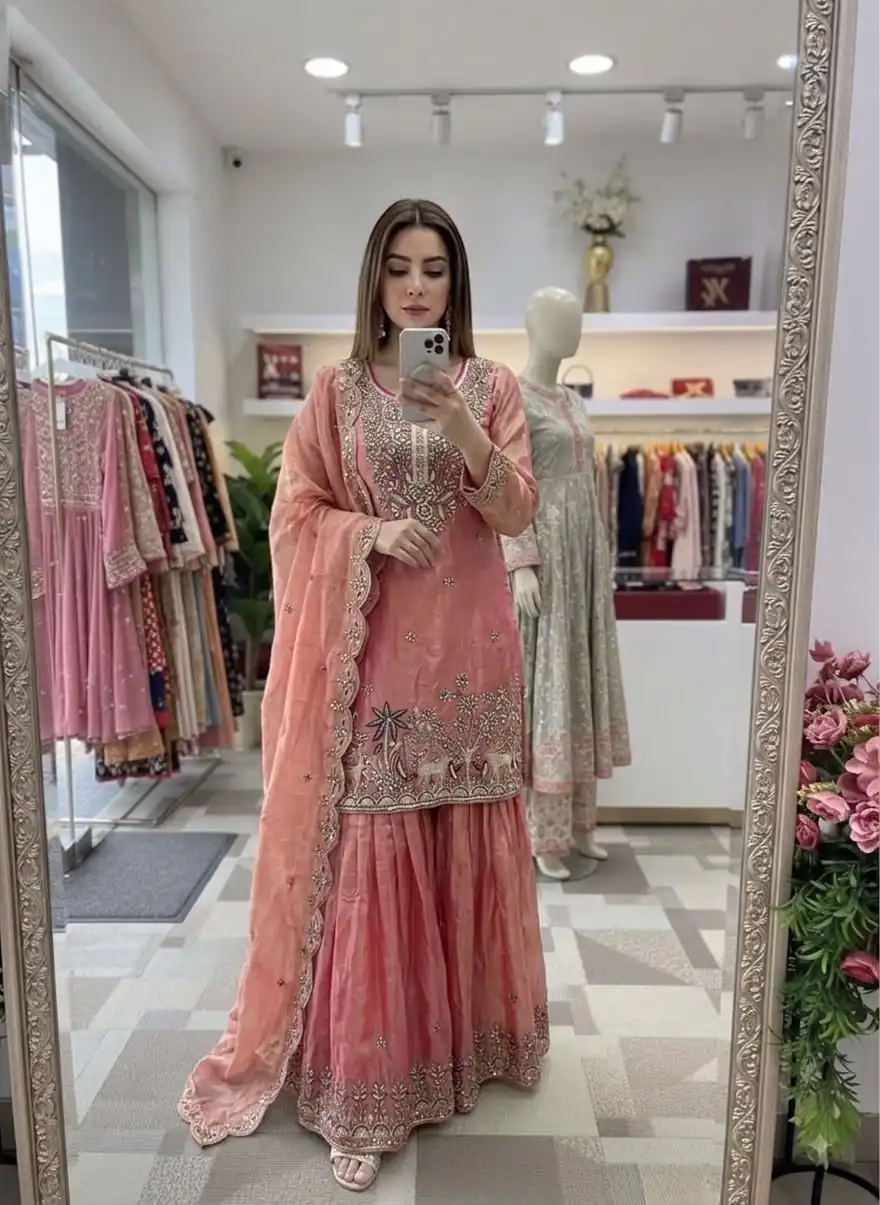 WW 1280 Peach Fendy Silk Salwar Suitwith Embroidery Work & Lace Work. Now at just ₹2449. Delivery 4-6 Working Days. Shop now. | Jump Suits, Straight Suits, Casual Suits, Creative suits, Designer Suits, Palazzo Suits, Party Wear Suits, Patiala Suits, Salwar suit